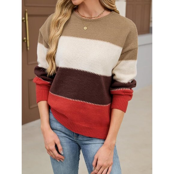 Womens Oversized Color Block Sweater Lightweight Knit Crew Neck Fall Trendy - Picture 2 of 7